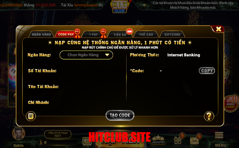 Nạp tiền Hit Club qua Code Pay